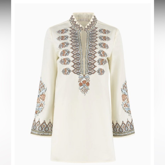 Tory Burch Tops - Tory Burch Cream Tunic with Brown and Blue Embroidery